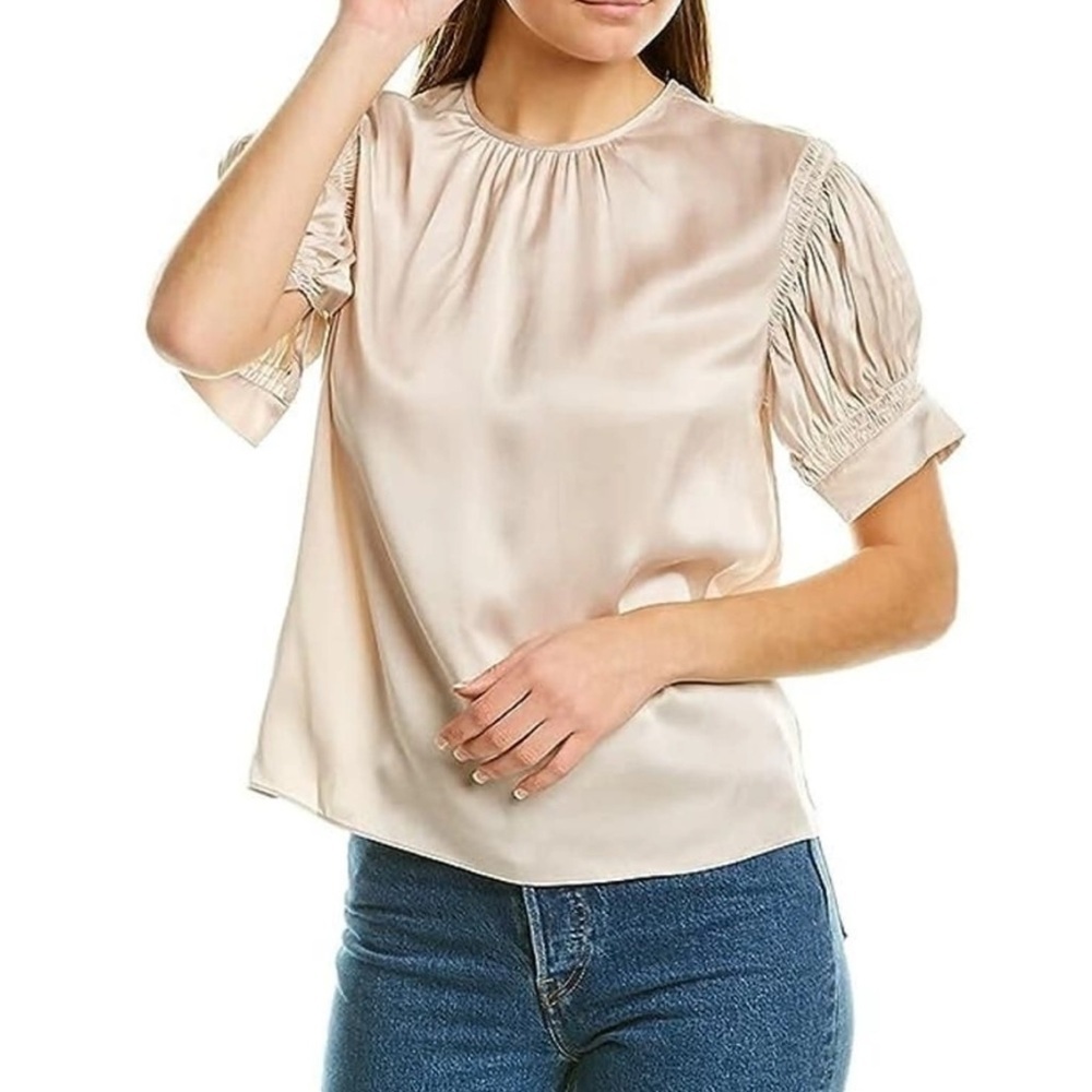 Rebecca Taylor Ivory Silk Pleated Puff Sleeve Blouse Size Small